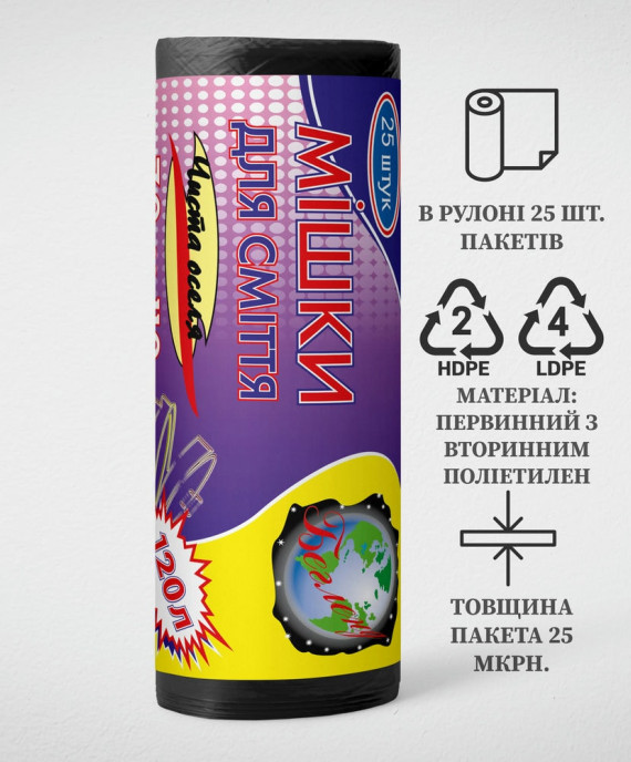 Пакет для сміття 120л, Чорний (25 шт./рулон)